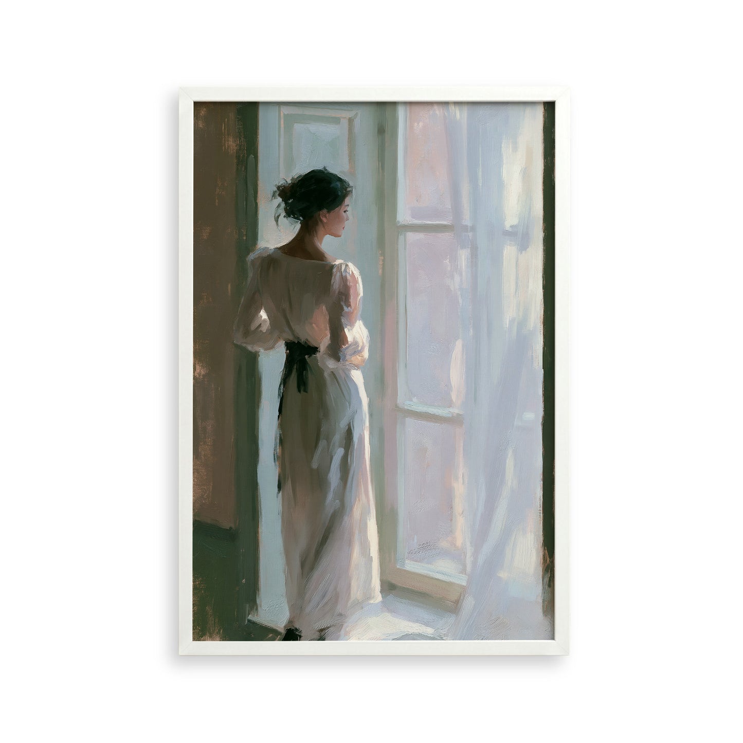 A woman in a long white dress stands in front of a window, gazing out at the world outside.