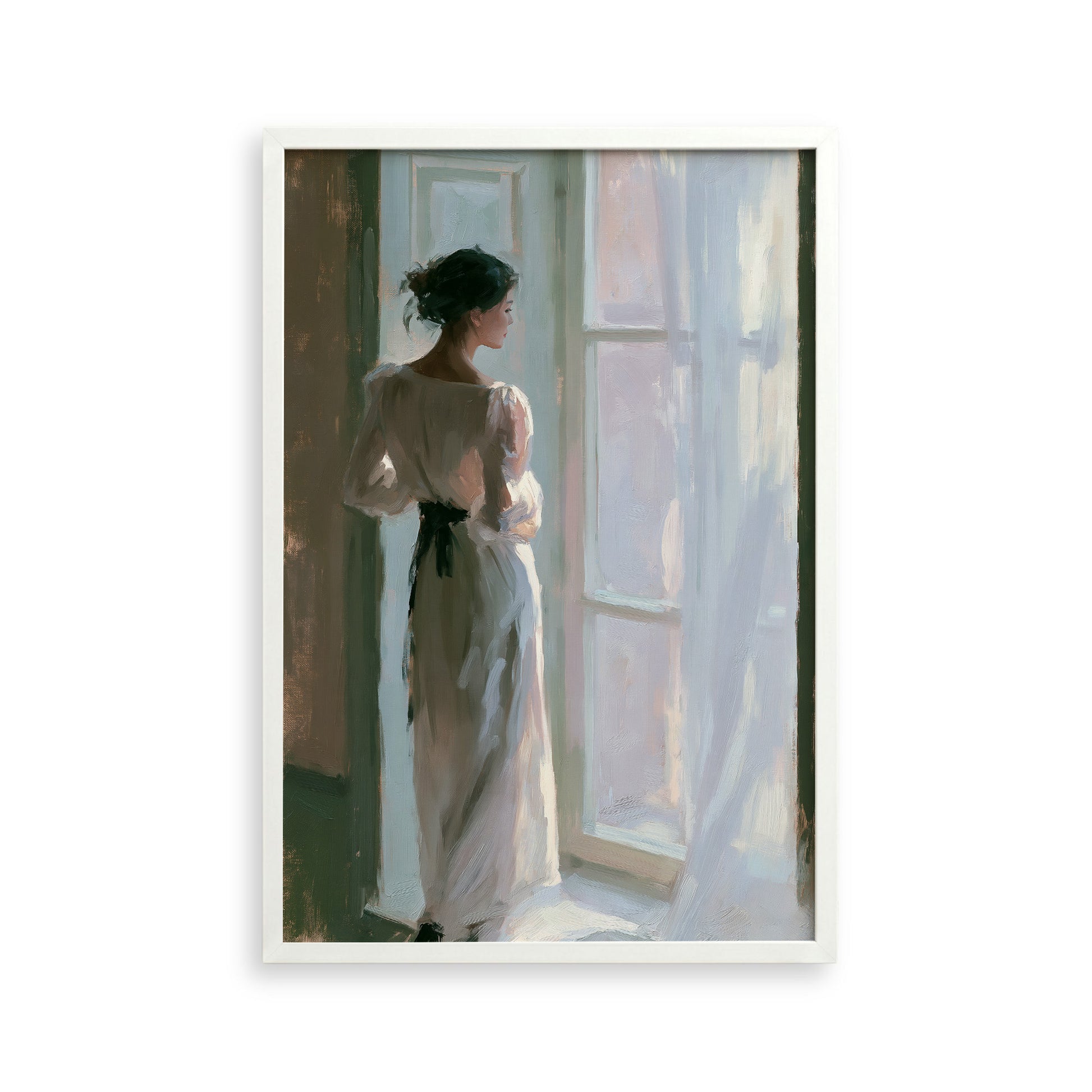 A woman in a long white dress stands in front of a window, gazing out at the world outside.