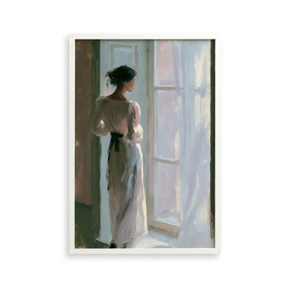 A woman in a long white dress stands in front of a window, gazing out at the world outside.