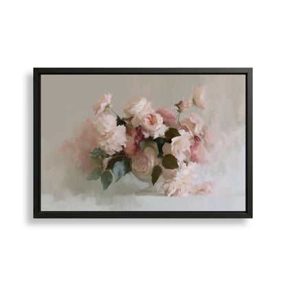A framed painting depicting a bouquet of pink and white flowers, including roses and peonies, against a light background.