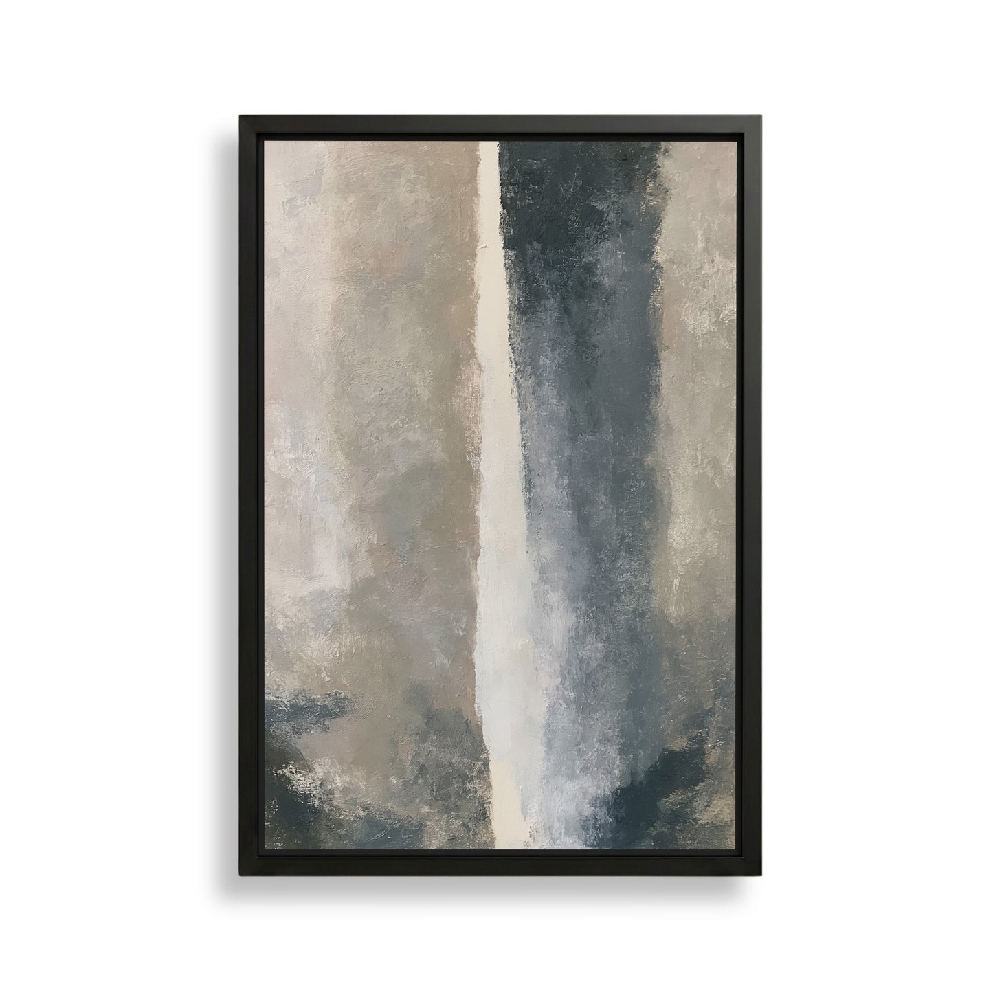 The image is a framed abstract painting with a predominantly gray and white color palette. The painting features a vertical line running through the center, creating a sense of movement and depth. The artwork is displayed on a white wall, highlighting its colors and composition.