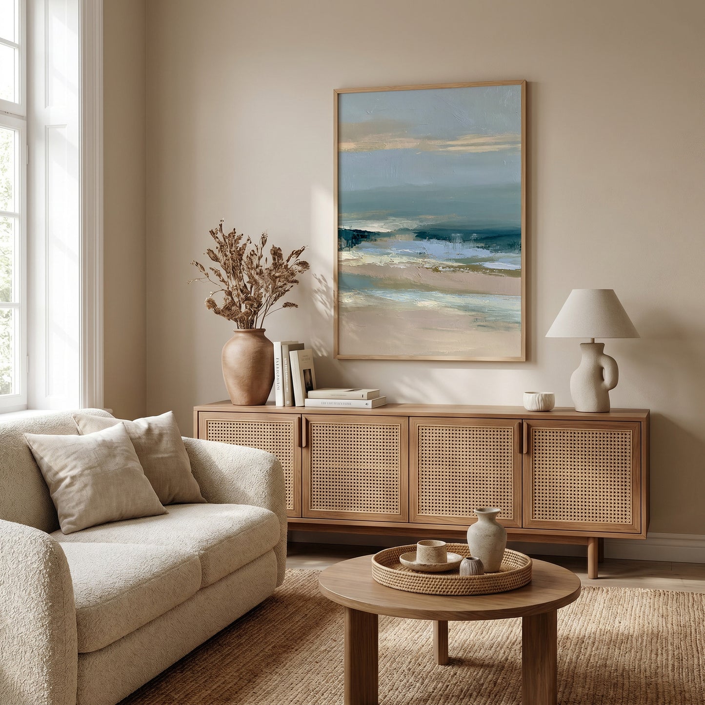 a serene living room with a large painting of a beach scene hanging on the wall. The room is furnished with a beige sofa, a wooden sideboard, and a round coffee table. The overall decor has a neutral color palette, creating a calm and inviting atmosphere.
