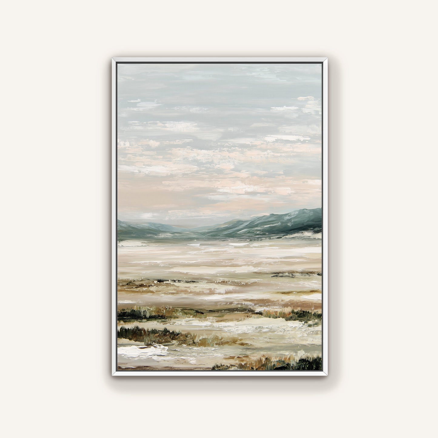 The image is a landscape painting depicting a serene scene of a body of water surrounded by mountains and hills.