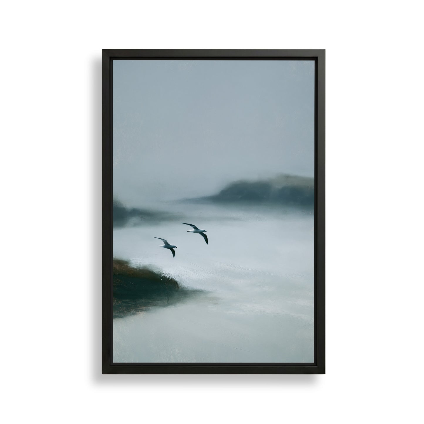 two birds flying over a misty, foggy landscape.