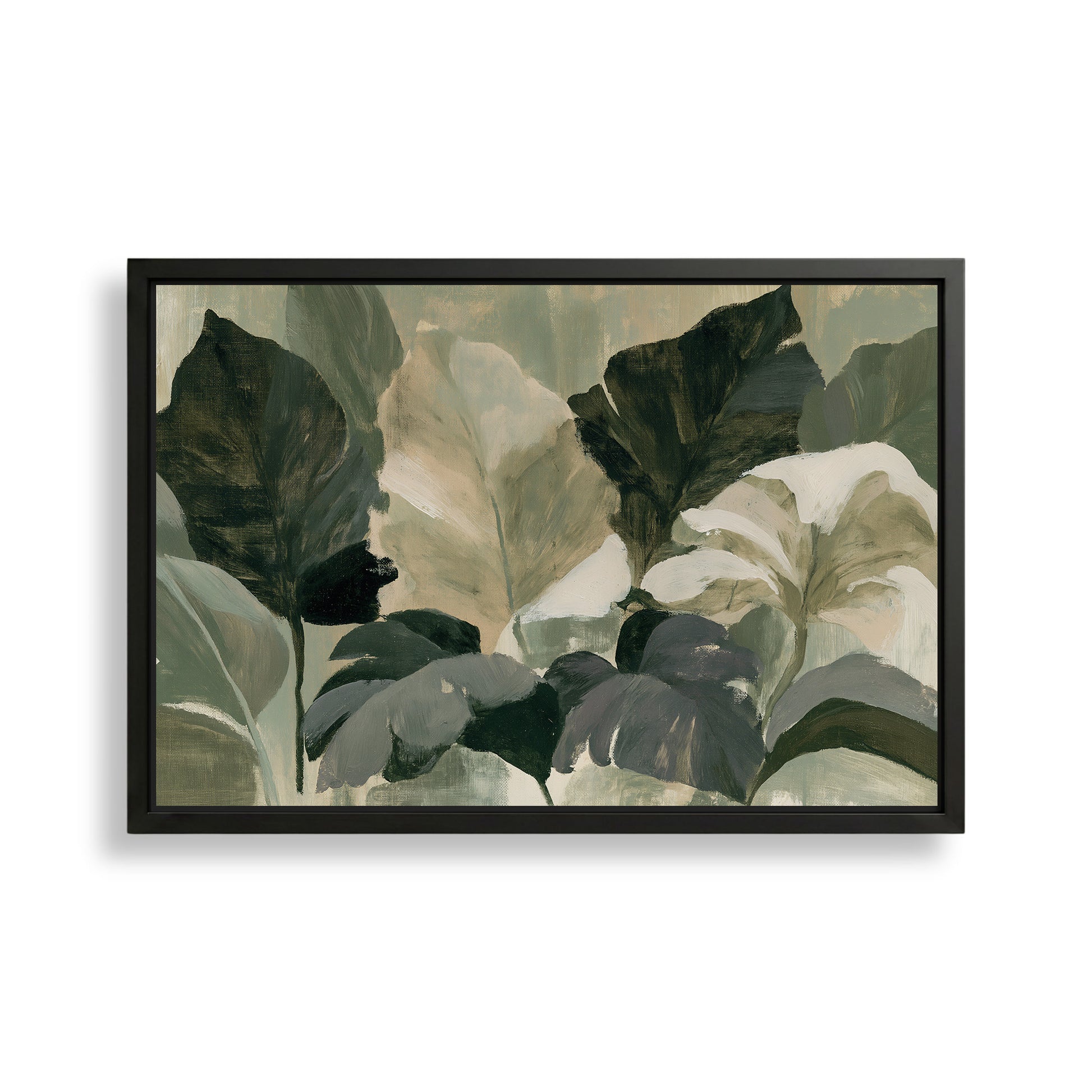 The image is a framed painting depicting a lush, green plant with large leaves and smaller leaves, creating a natural and vibrant scene.