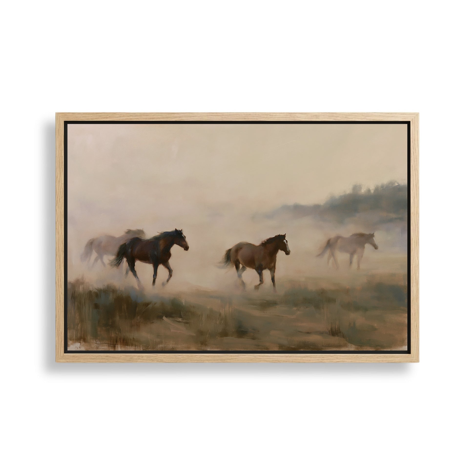 a group of horses running across a field, with a hazy, atmospheric background.