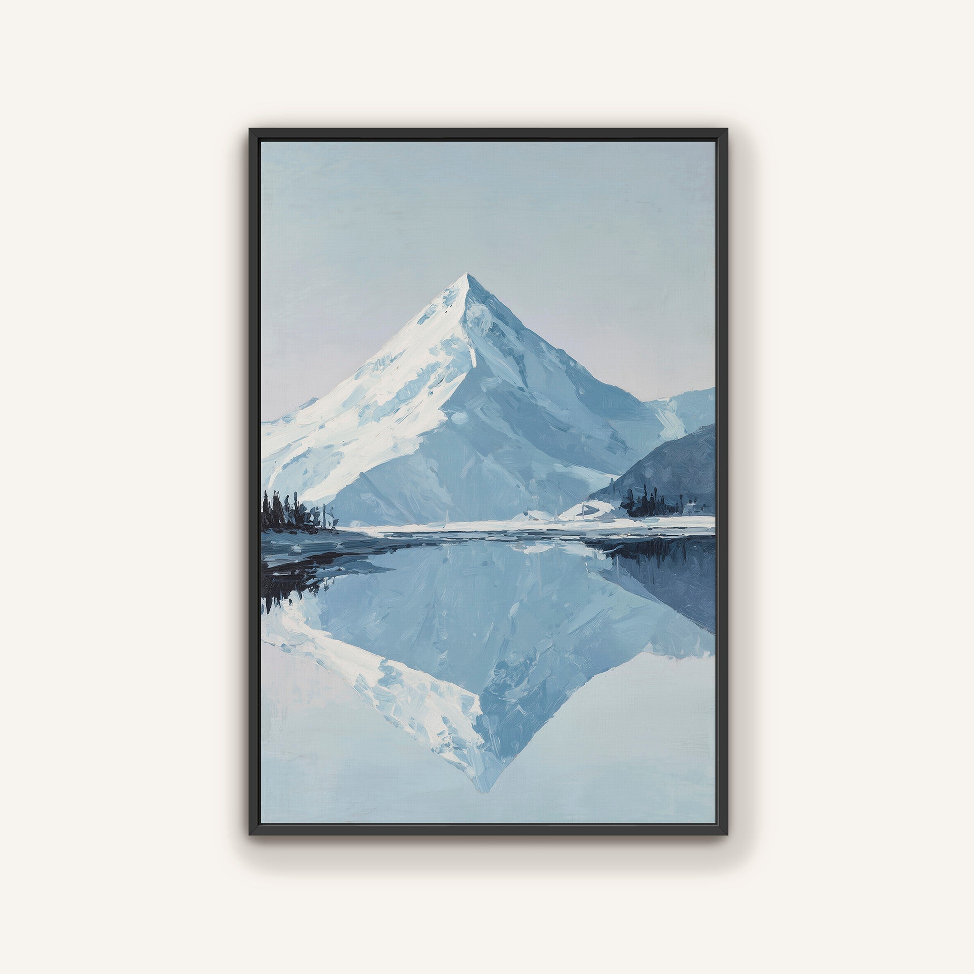 a serene landscape with a snow-capped mountain reflected in a calm lake, surrounded by trees and mountains in the distance.