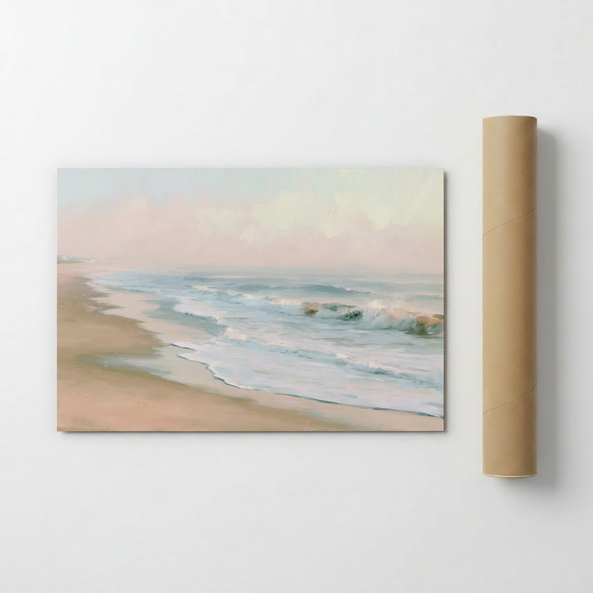 The image is a painting of a beach scene with waves crashing onto the shore.