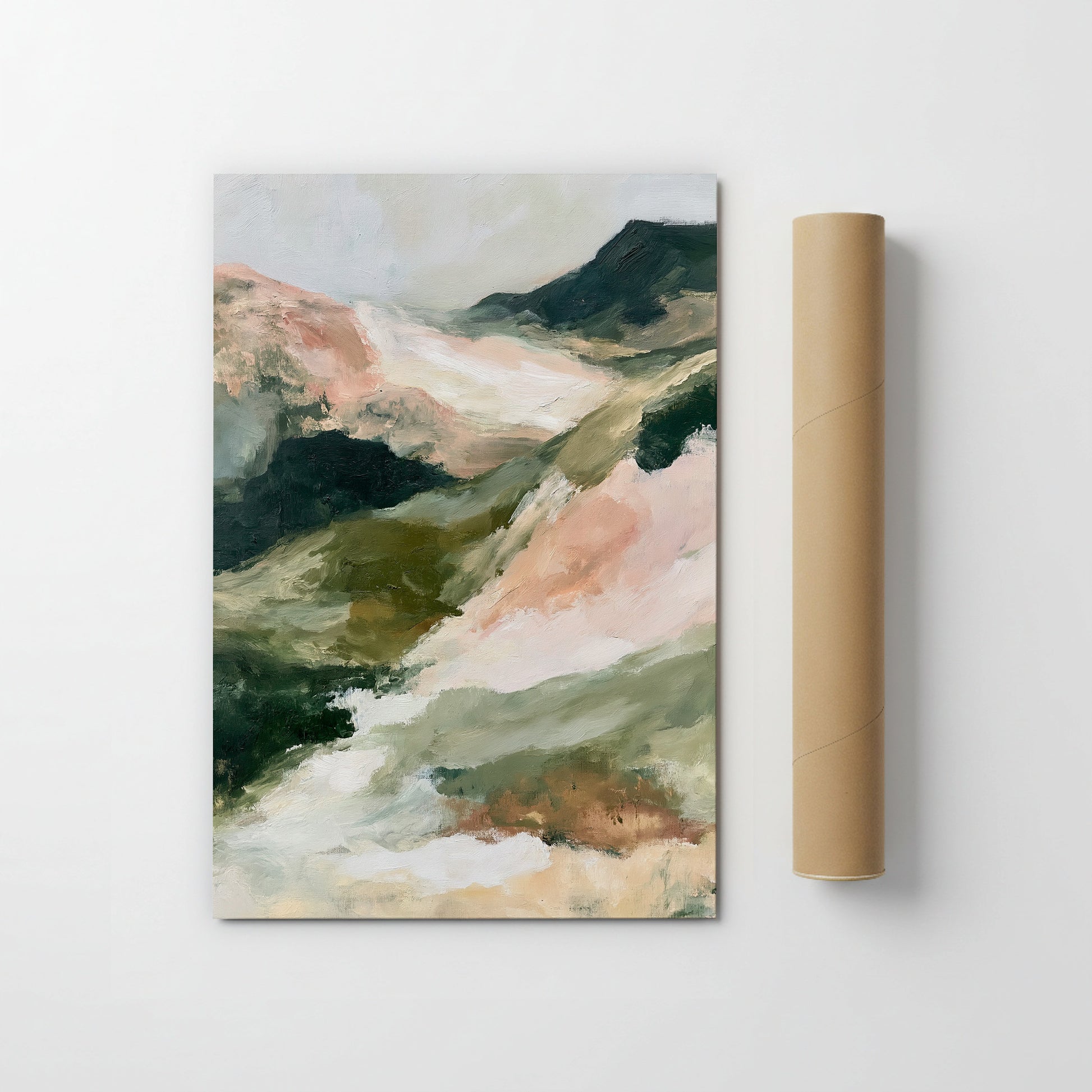 The image is a painting of a mountainous landscape, featuring a blend of green, pink, and brown colors.