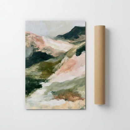 The image is a painting of a mountainous landscape, featuring a blend of green, pink, and brown colors.