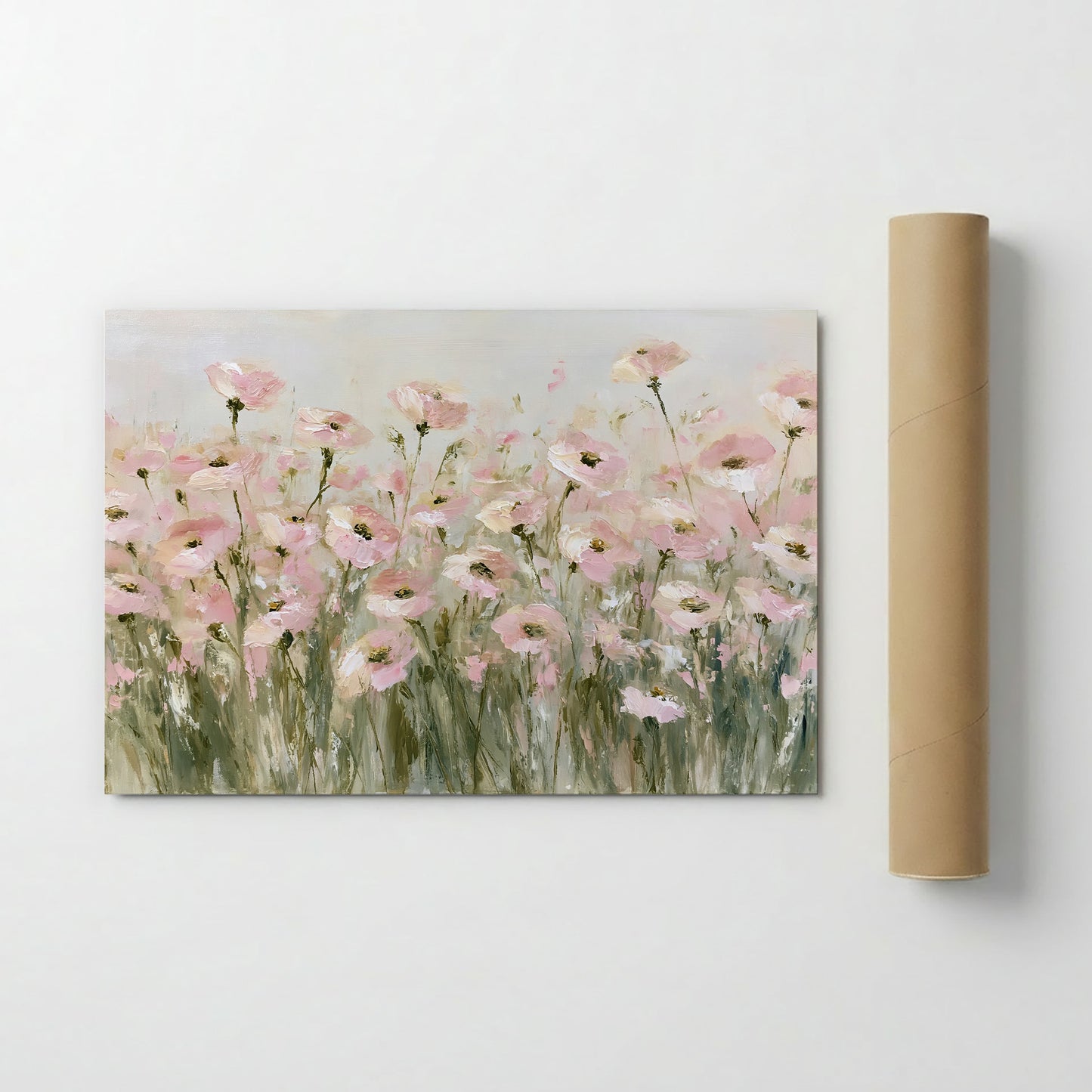 The image is a painting of a field of pink flowers.