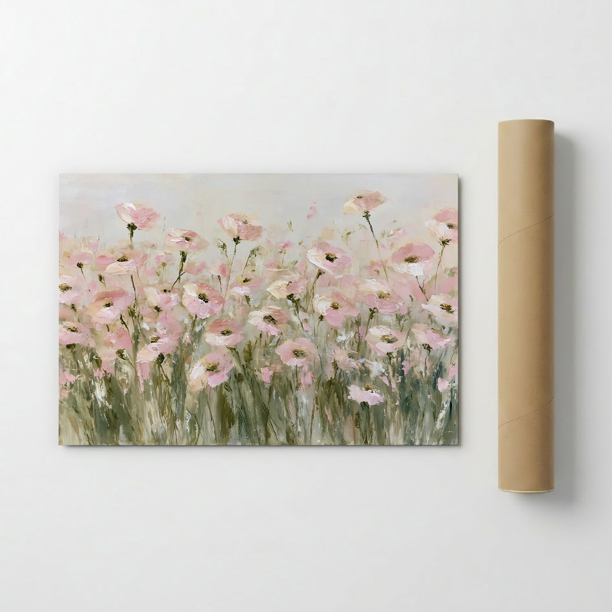 The image is a painting of a field of pink flowers.