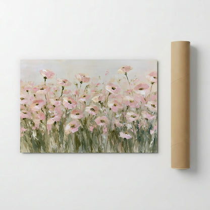 The image is a painting of a field of pink flowers.