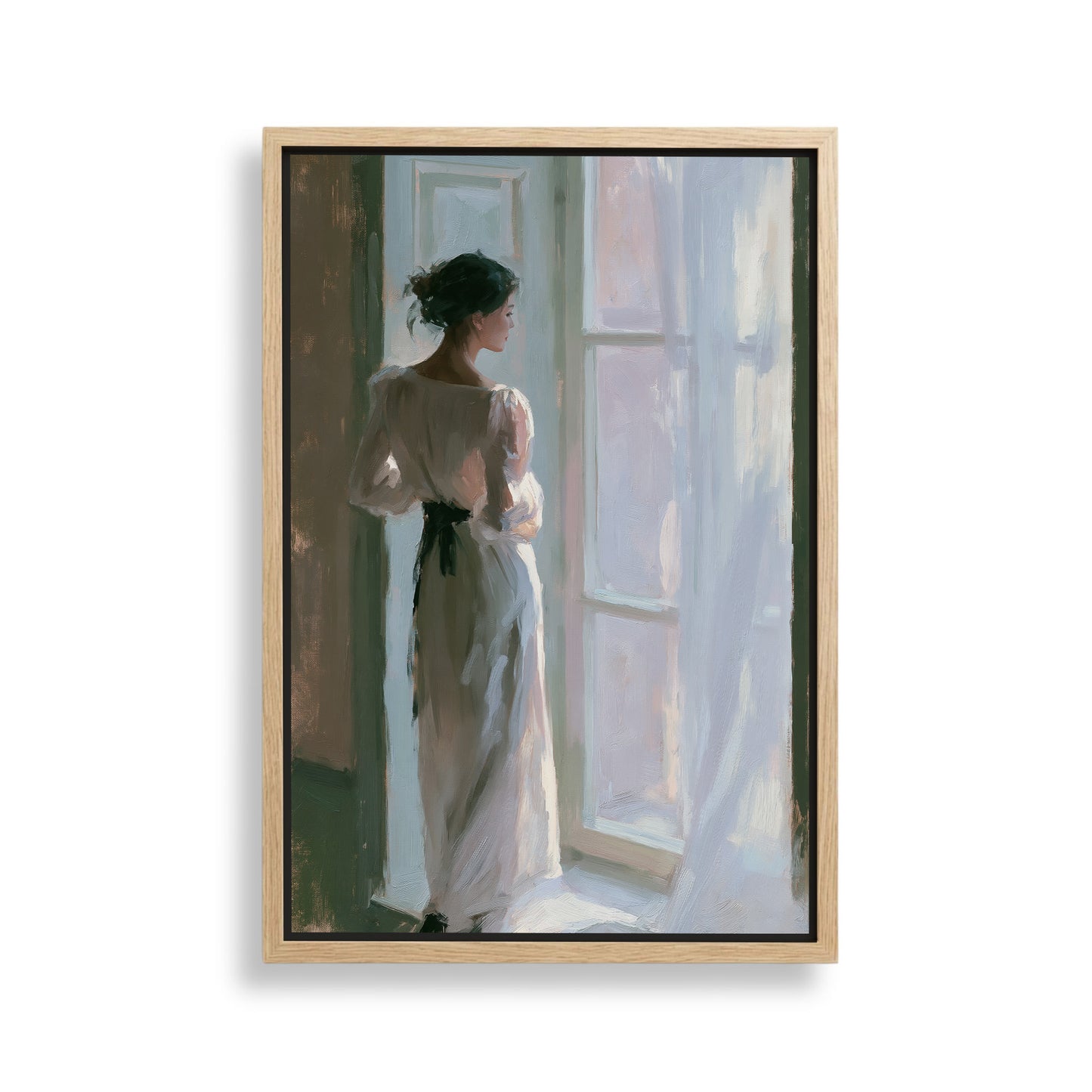 A woman in a long white dress stands in front of a window, gazing out at the world outside.