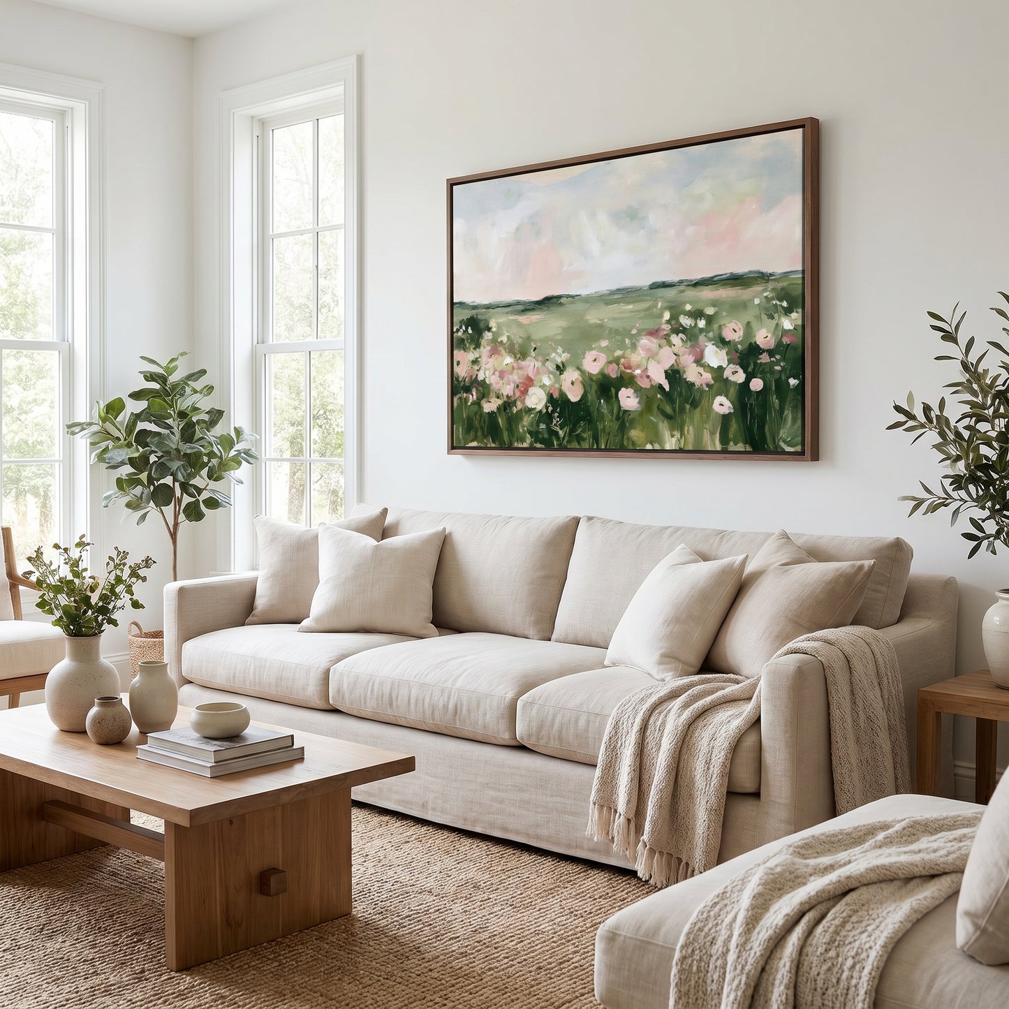 a cozy living room with a large painting of a field of flowers hanging on the wall. The room is furnished with a beige sofa, a wooden coffee table, and a large window that allows natural light to fill the space. The room is decorated with potted plants, vases, and books, creating a warm and inviting atmosphere.