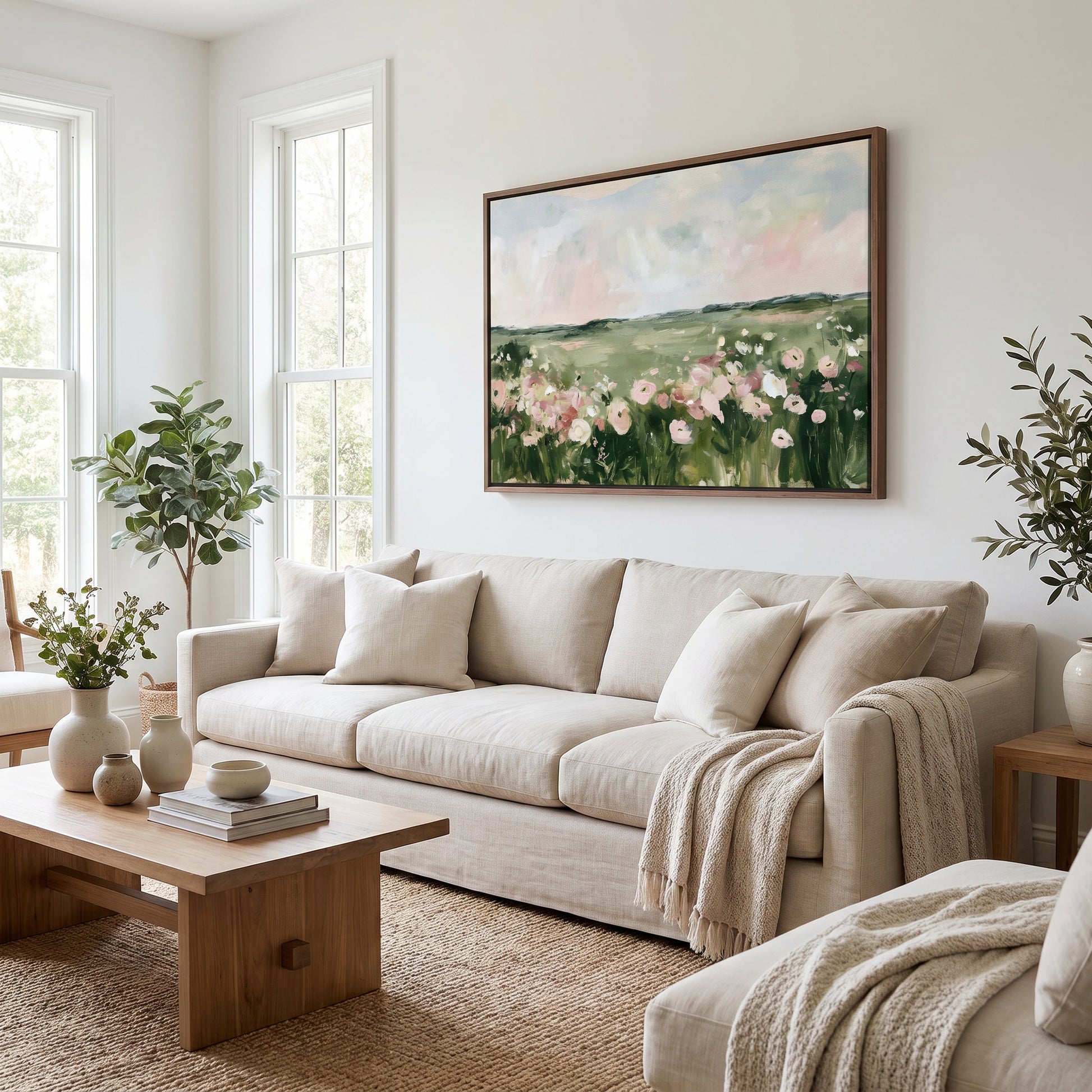 a cozy living room with a large painting of a field of flowers hanging on the wall. The room is furnished with a beige sofa, a wooden coffee table, and a large window that allows natural light to fill the space. The room is decorated with potted plants, vases, and books, creating a warm and inviting atmosphere.