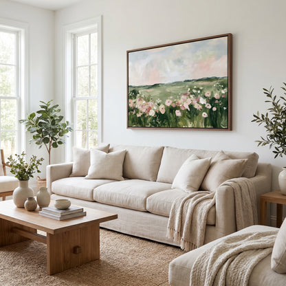 a cozy living room with a large painting of a field of flowers hanging on the wall. The room is furnished with a beige sofa, a wooden coffee table, and a large window that allows natural light to fill the space. The room is decorated with potted plants, vases, and books, creating a warm and inviting atmosphere.