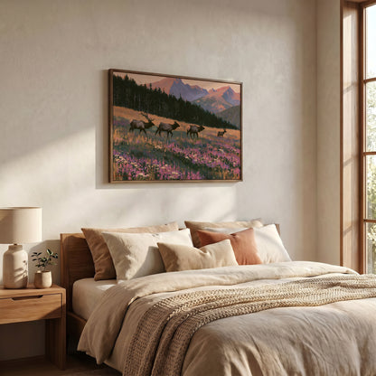 a serene bedroom scene with a large bed, a nightstand, and a framed landscape painting of a field with deer in the background.