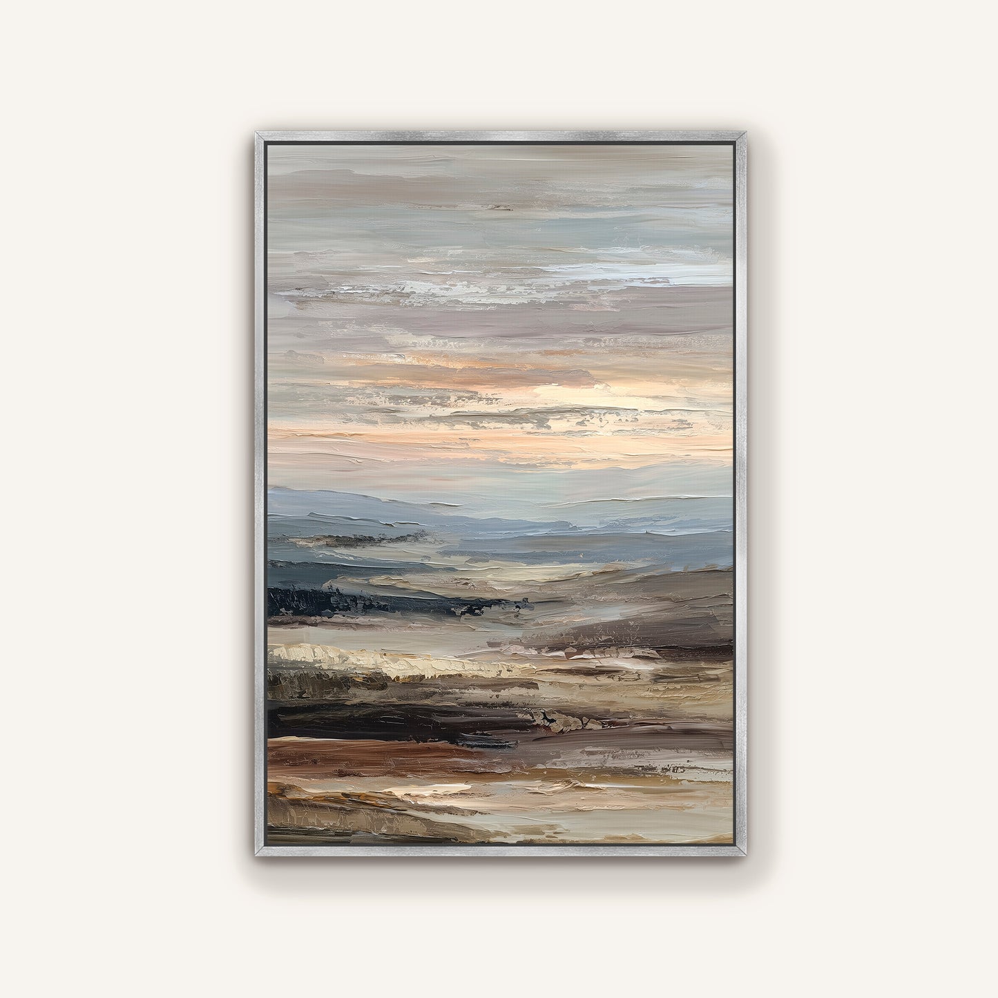 The image is a framed abstract landscape painting depicting a serene, natural scene with a blend of earthy tones and soft, muted colors.