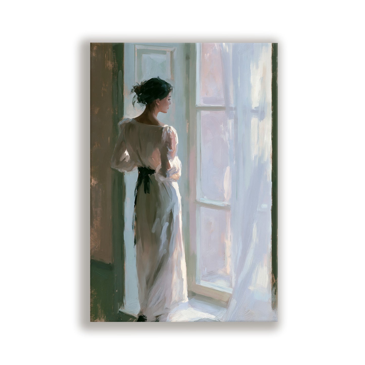 A woman in a long white dress stands by a window, gazing out at the world outside.