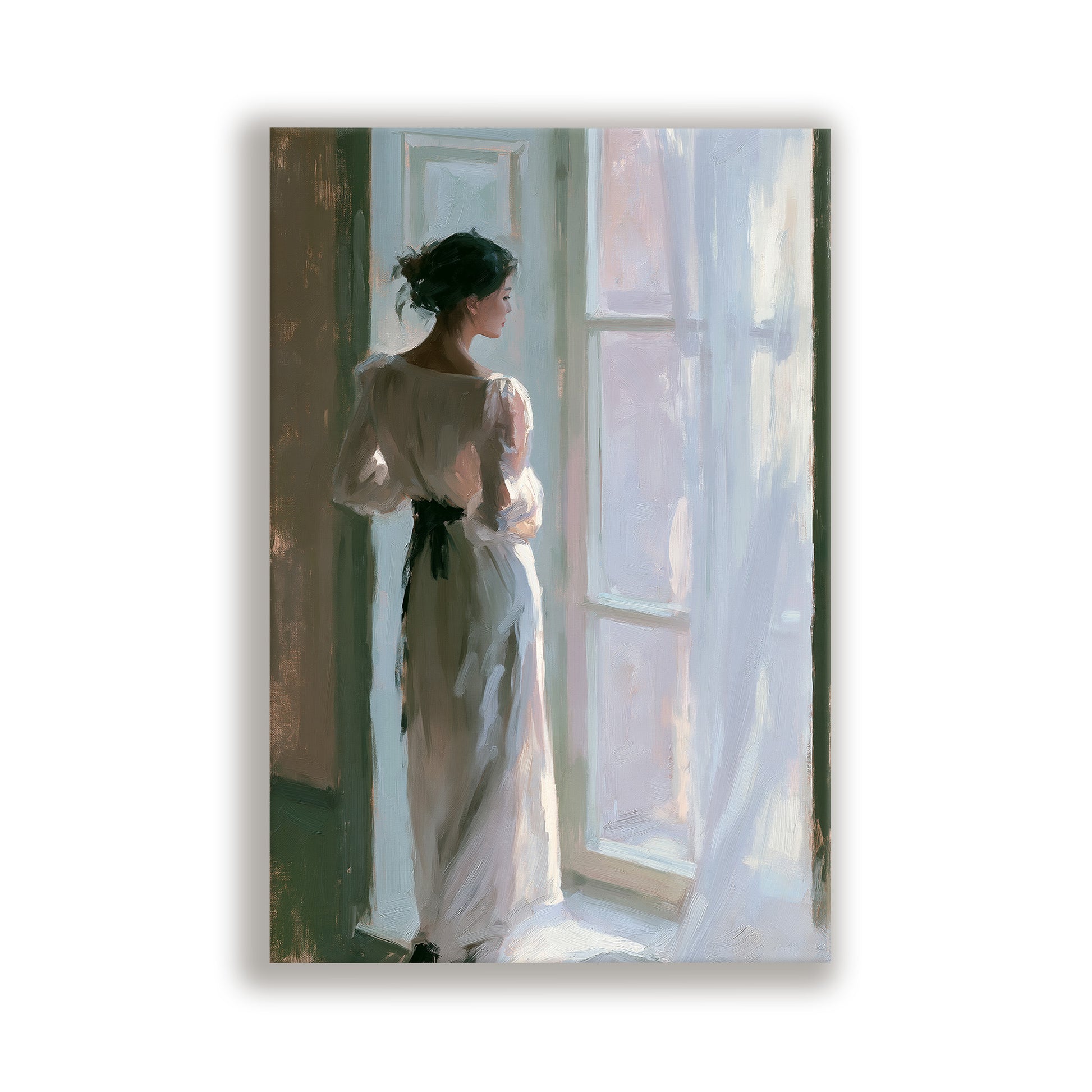 A woman in a long white dress stands by a window, gazing out at the world outside.