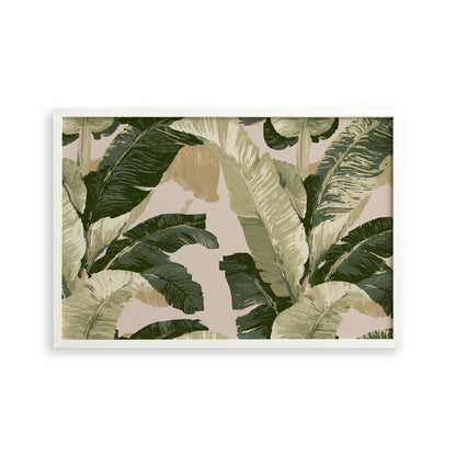 a repeating pattern of large green and white leaves, creating a lush and tropical atmosphere.