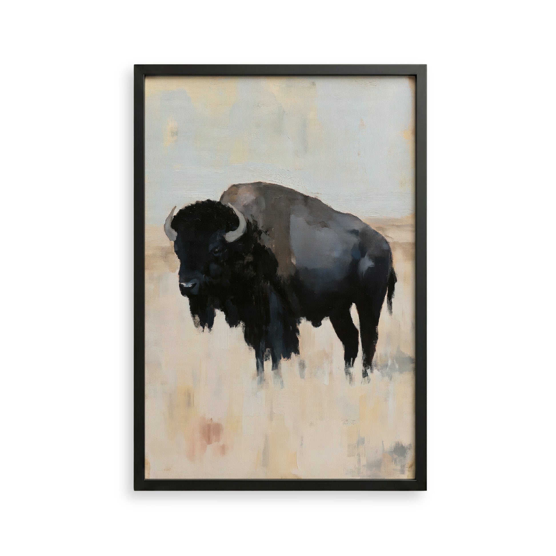 a large black buffalo standing in a field.