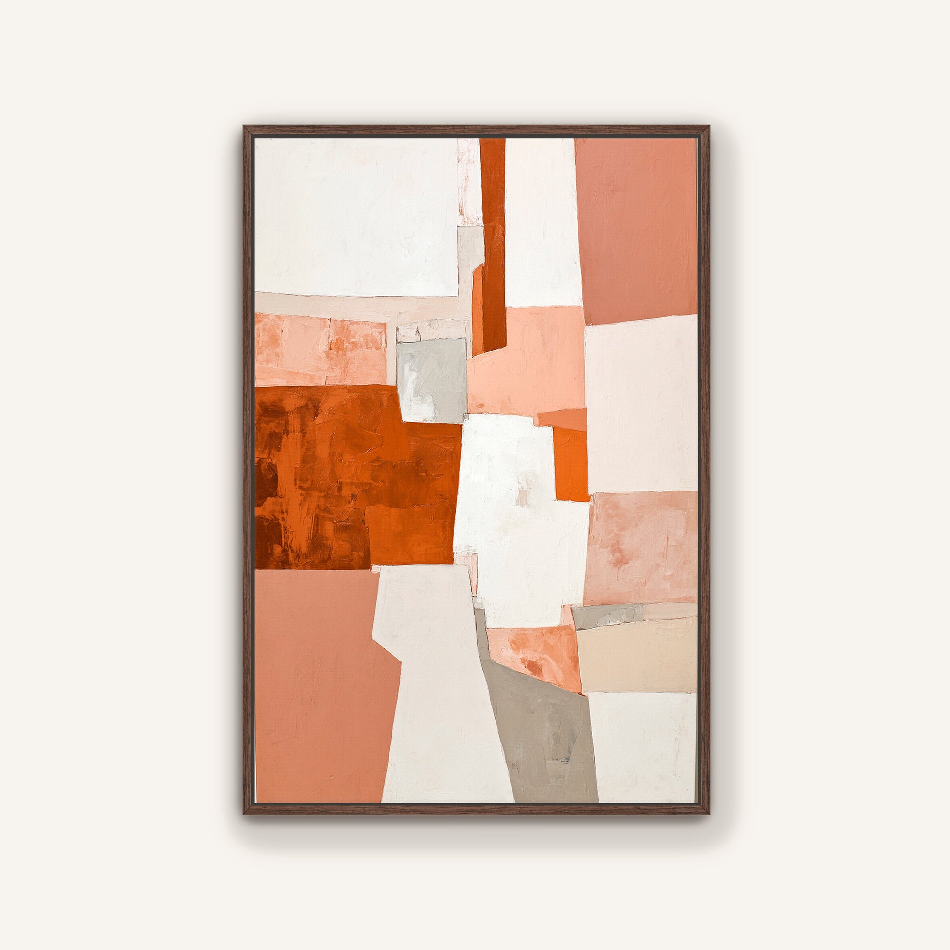 The image is a framed abstract painting featuring a variety of geometric shapes and colors, including shades of orange, white, and gray.