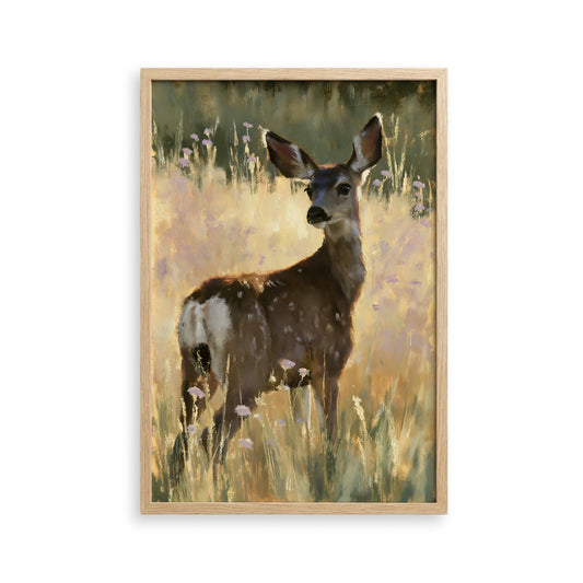 A deer standing in a field of tall grass and wildflowers.