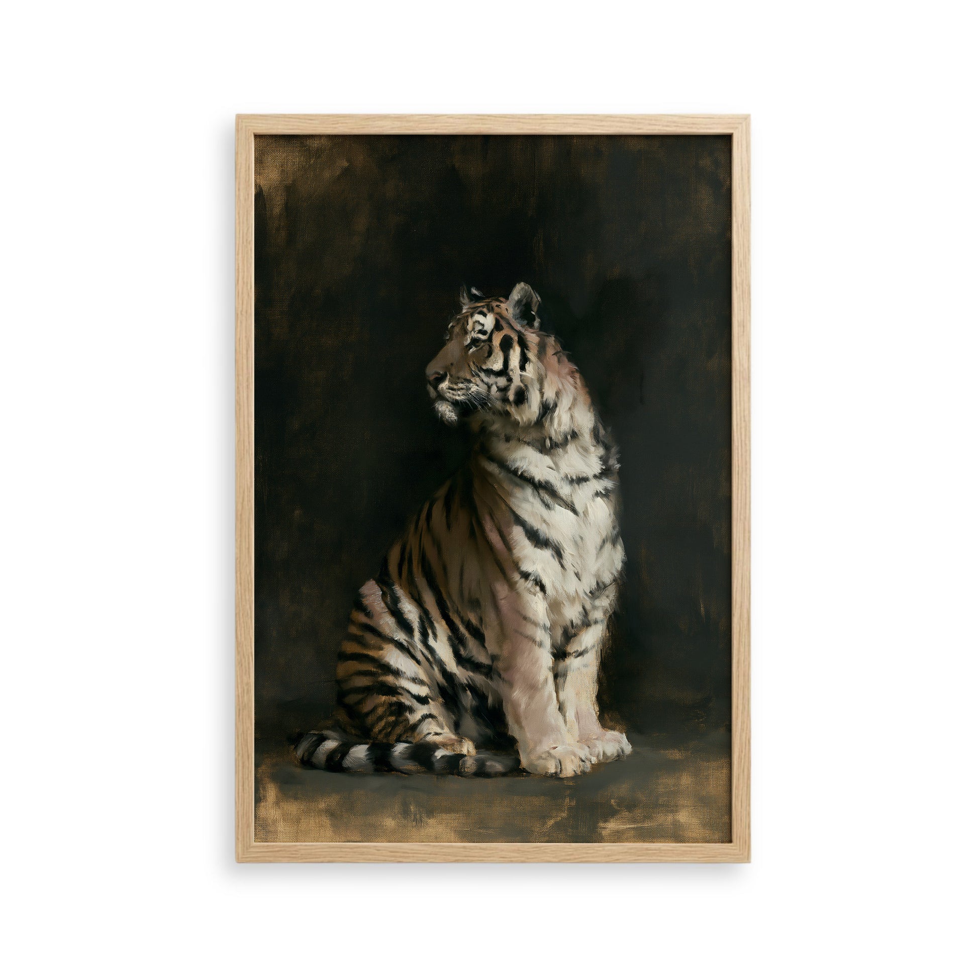 A painting of a tiger sitting in a dark background.