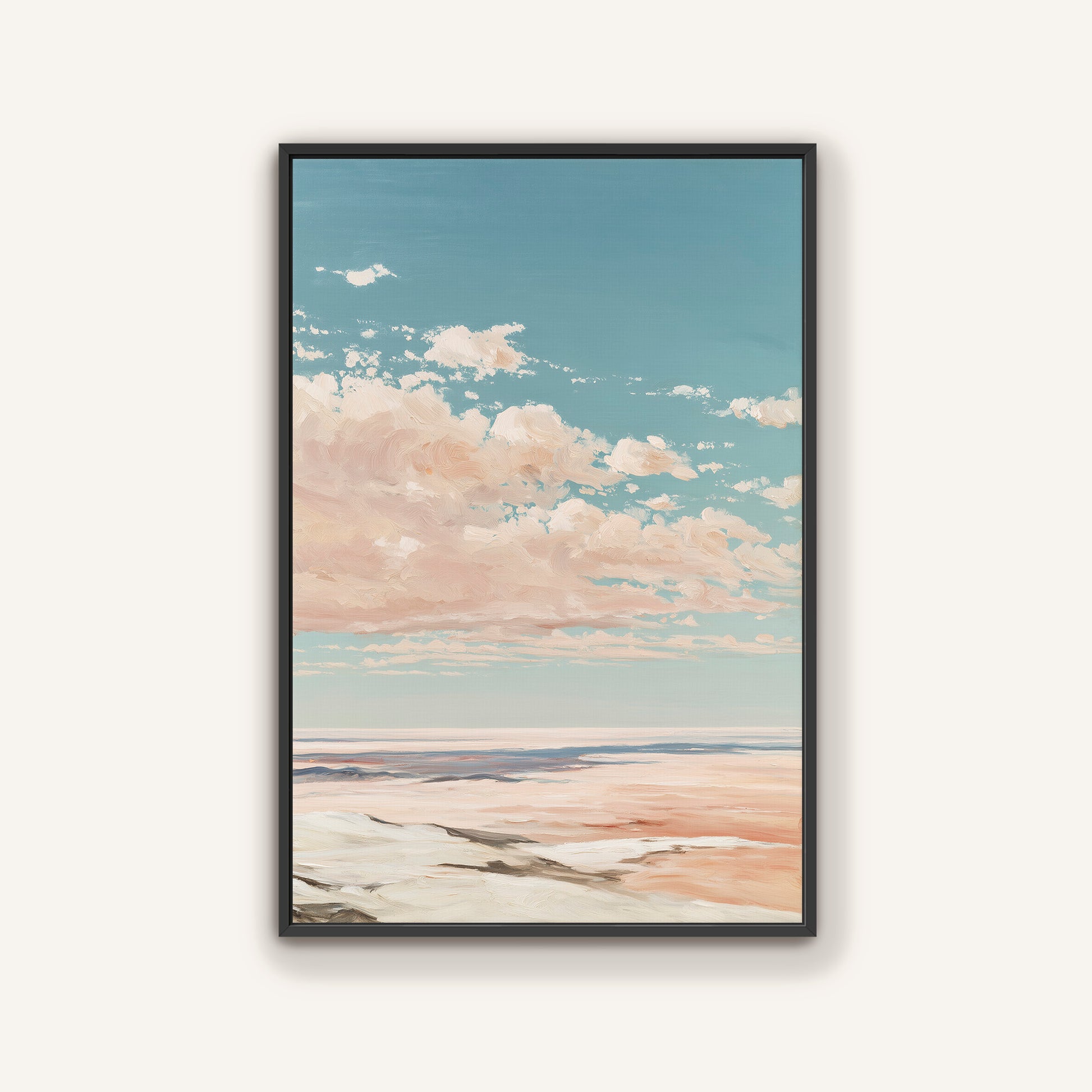The image is a framed painting depicting a serene landscape with a blue sky, fluffy white clouds, and a sandy beach in the foreground.