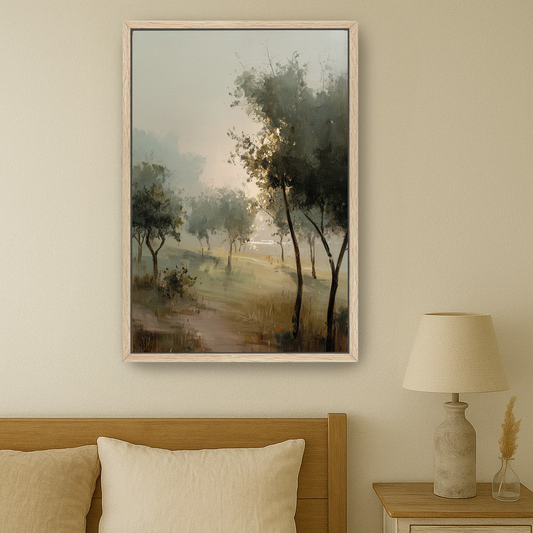 a serene bedroom scene with a large painting of a forest landscape hanging on the wall above a bed with a wooden headboard.