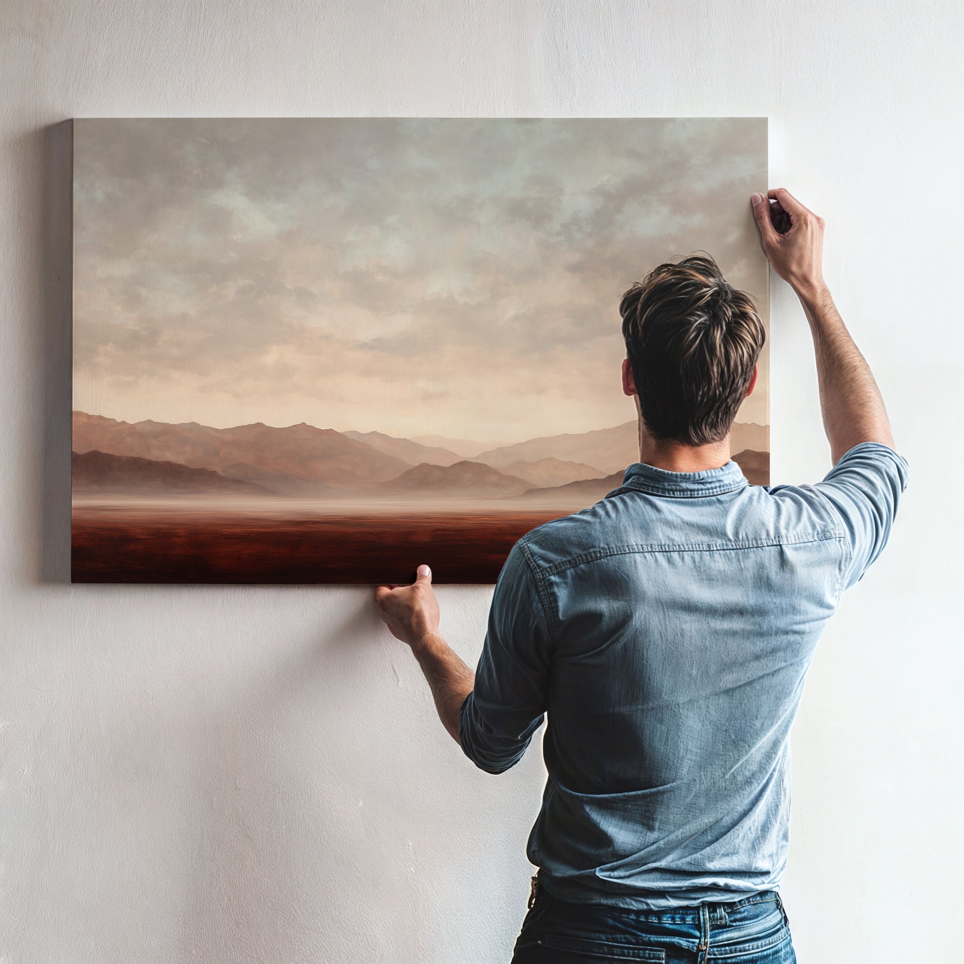 A man hangs a large landscape painting on a wall, looking at it with a focused expression.