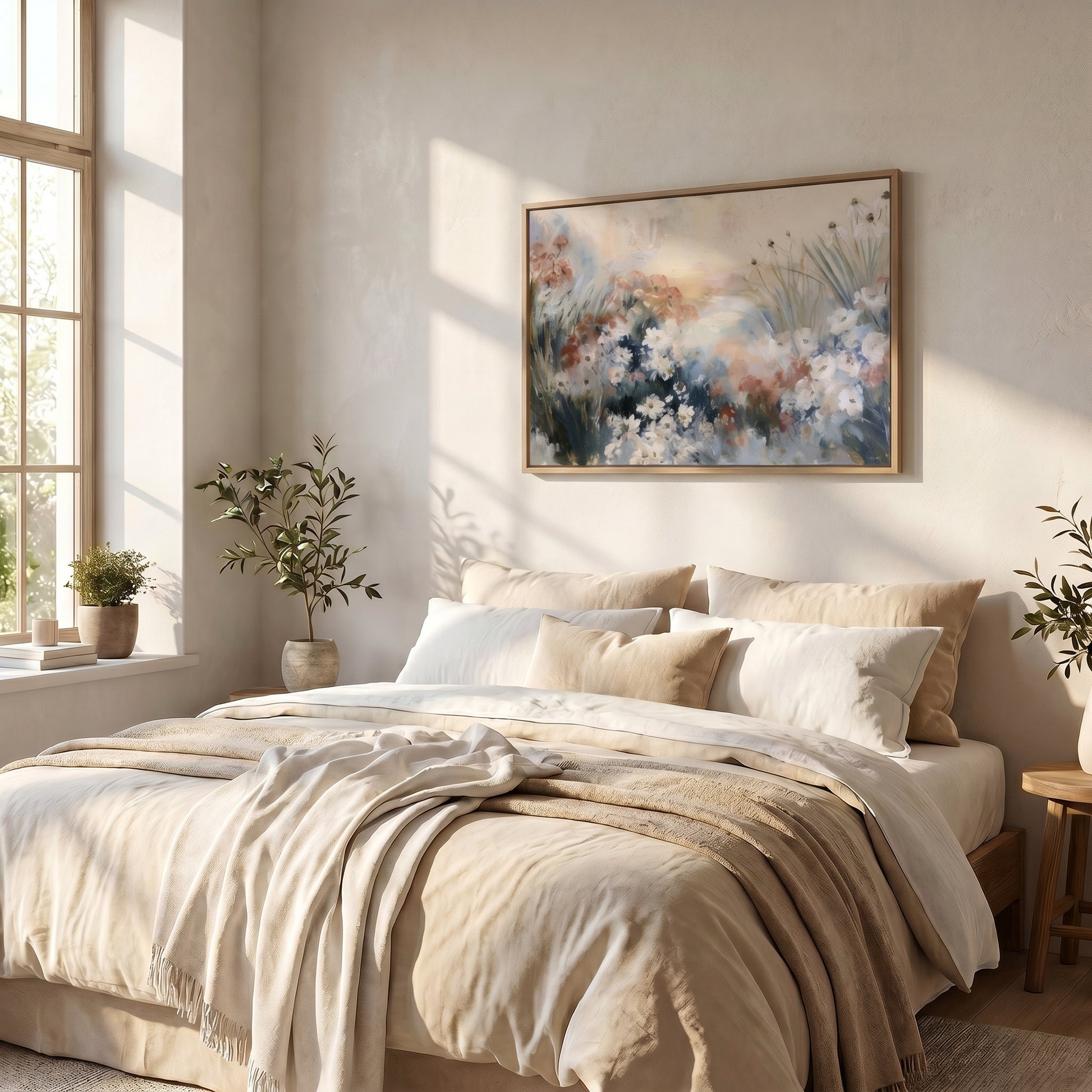 a serene and cozy bedroom with a large bed, a painting of flowers on the wall, and various decorative elements such as potted plants and a vase.