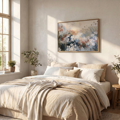 a serene and cozy bedroom with a large bed, a painting of flowers on the wall, and various decorative elements such as potted plants and a vase.