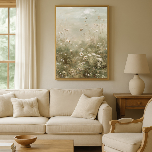 a cozy living room with a large painting of flowers hanging on the wall above a beige sofa and armchair. The room has a warm, neutral color scheme with a wooden coffee table and a lamp on a side table.