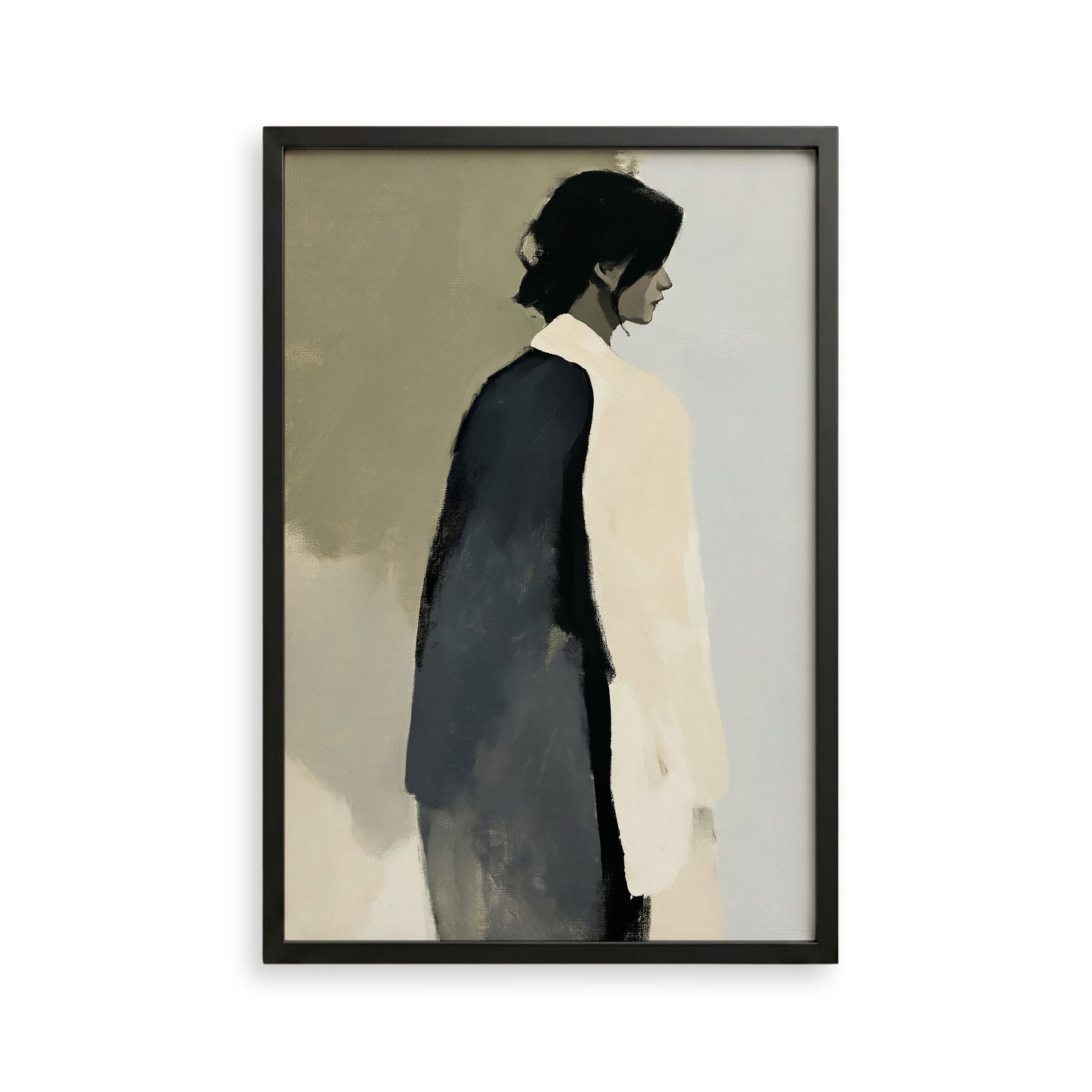 The image is a framed artwork depicting a person standing in profile, wearing a black jacket and a white shirt.