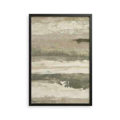 The image is a framed abstract painting with a textured, earthy color palette of beige, gray, and brown.