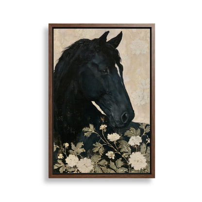 A framed painting depicting a black horse with a floral background.