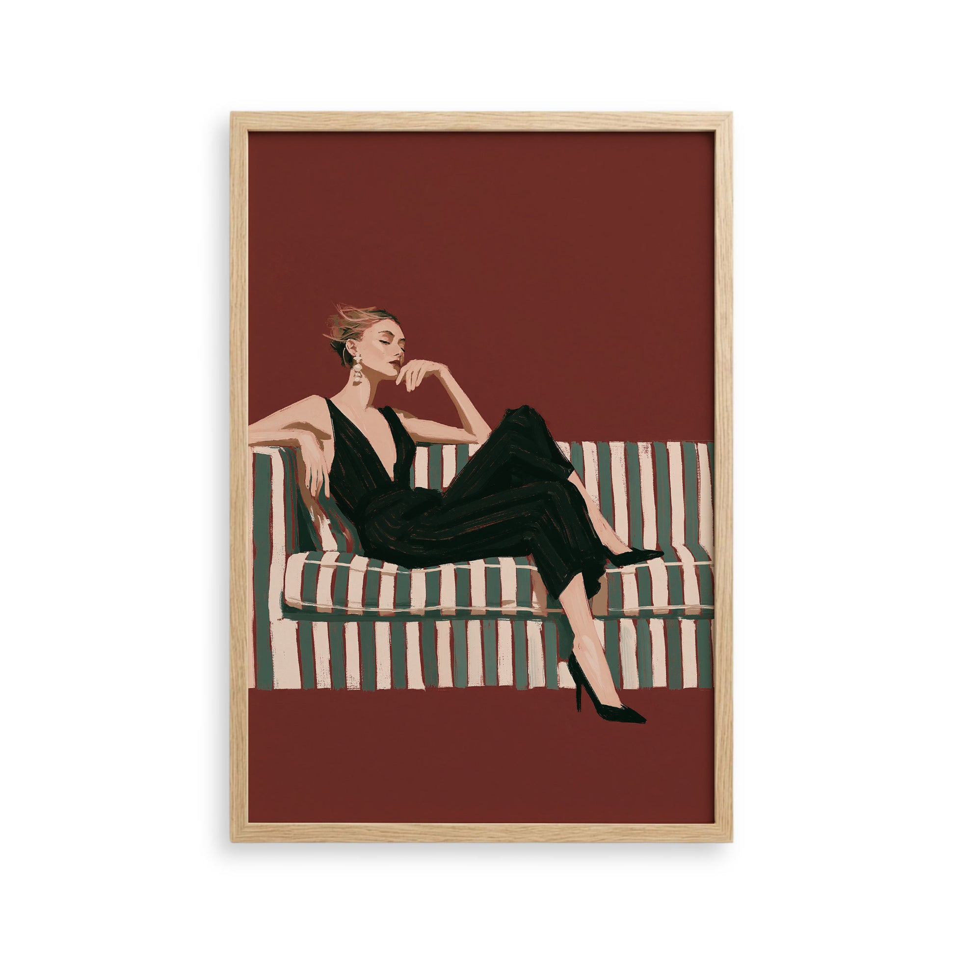 A woman in a black jumpsuit is sitting on a striped couch, with her hand on her chin.