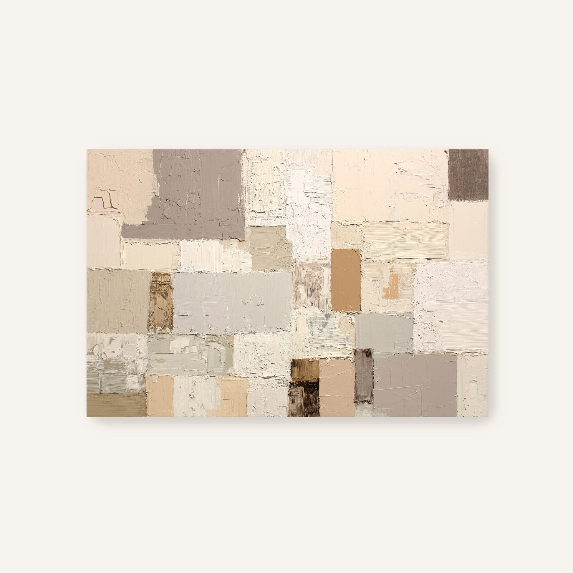 The image is a large abstract painting composed of various shades of gray and beige, creating a textured and layered appearance.