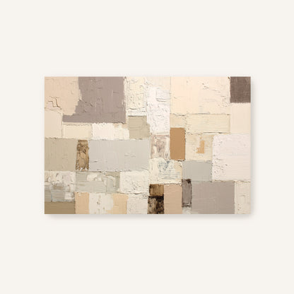 The image is a large abstract painting composed of various shades of gray and beige, creating a textured and layered appearance.