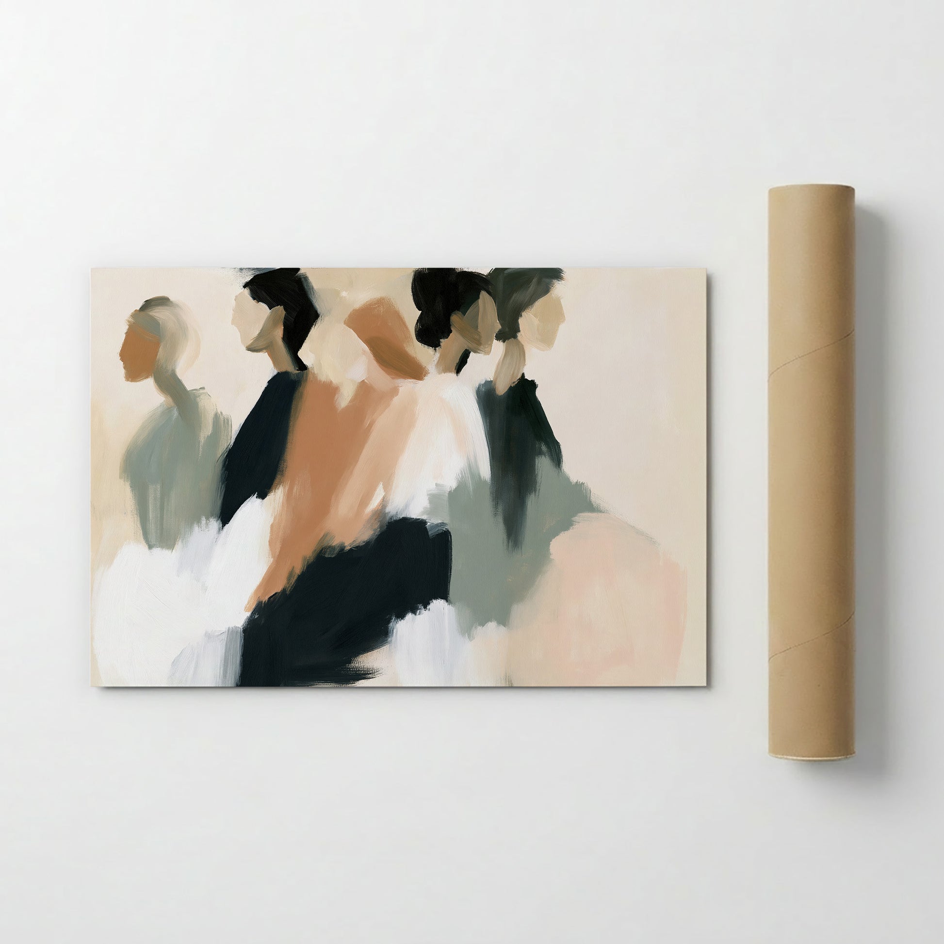 The image is a painting of abstract human figures in various poses and colors, displayed on a white wall.