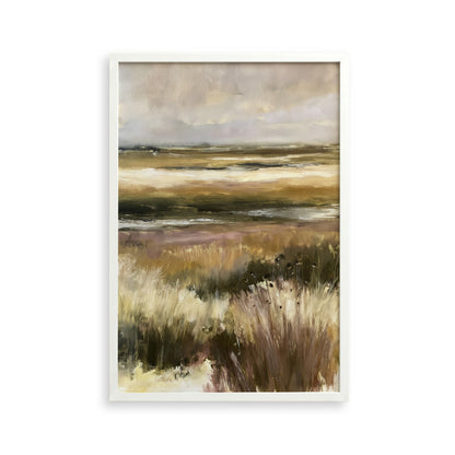 The image is an abstract landscape painting featuring a field of tall grass and a cloudy sky in the background.