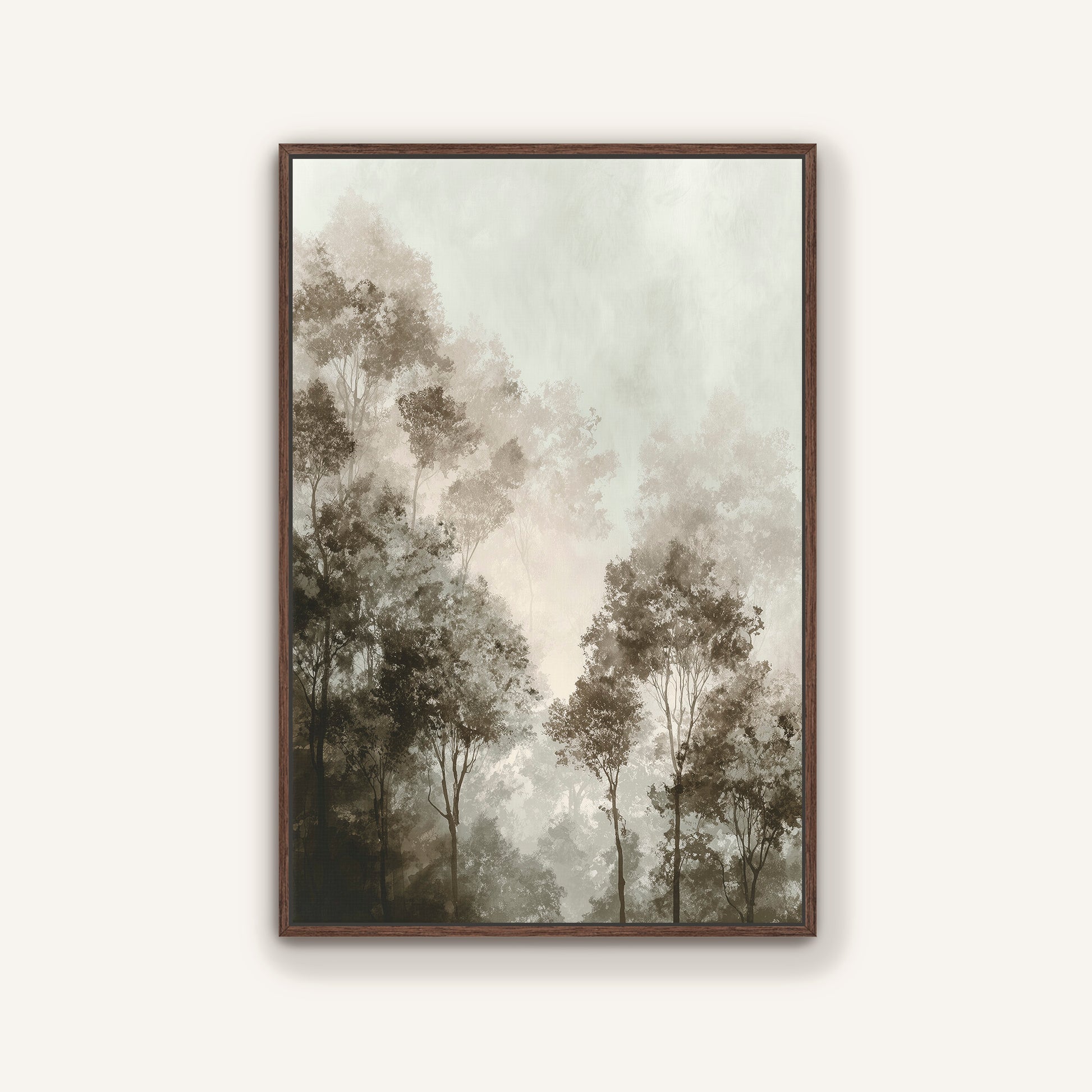 The image is a framed painting depicting a forest scene with tall trees and a misty, hazy atmosphere.