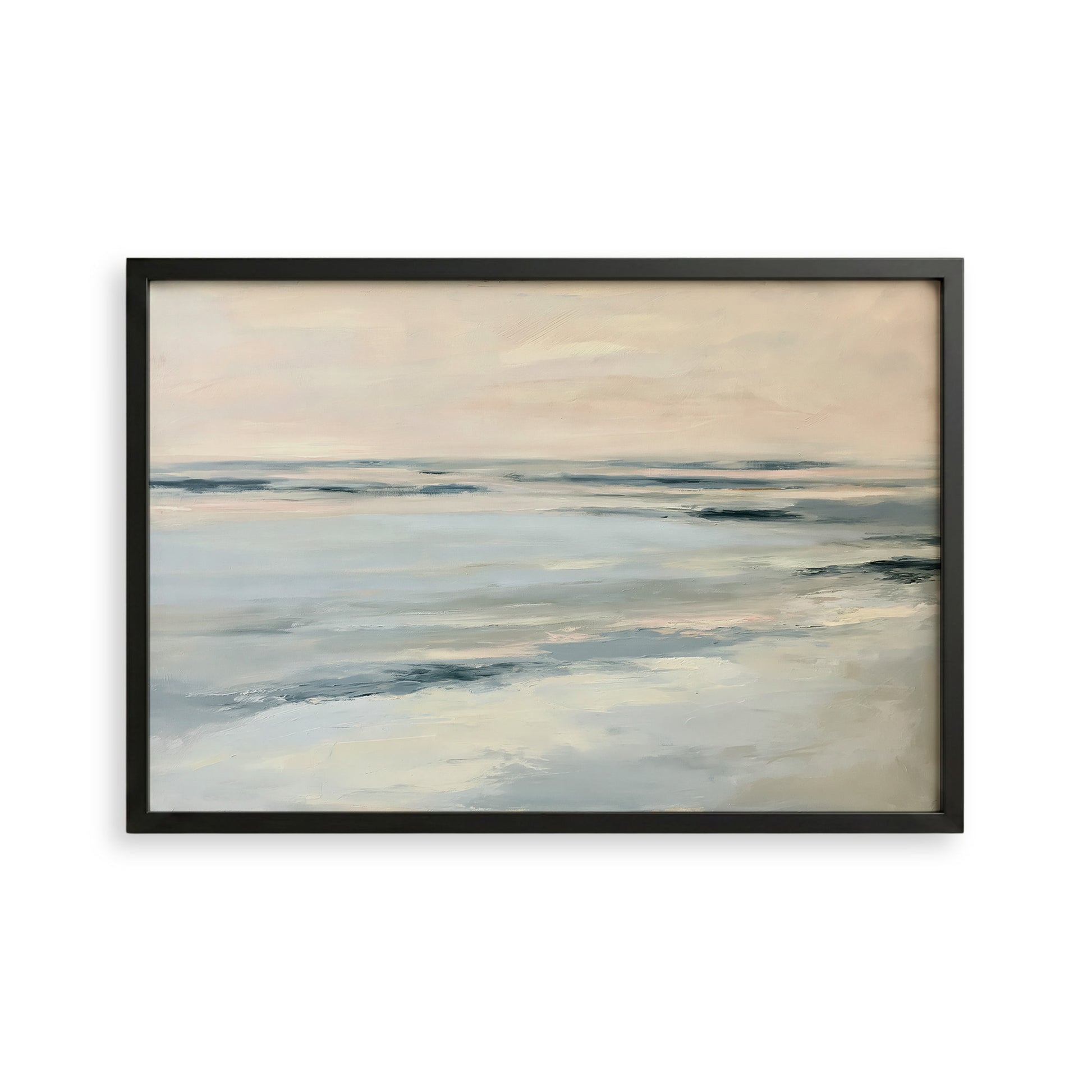The image is a framed painting depicting a serene landscape of a calm body of water, possibly a lake or ocean, with gentle waves and a hazy, pale blue sky in the background.