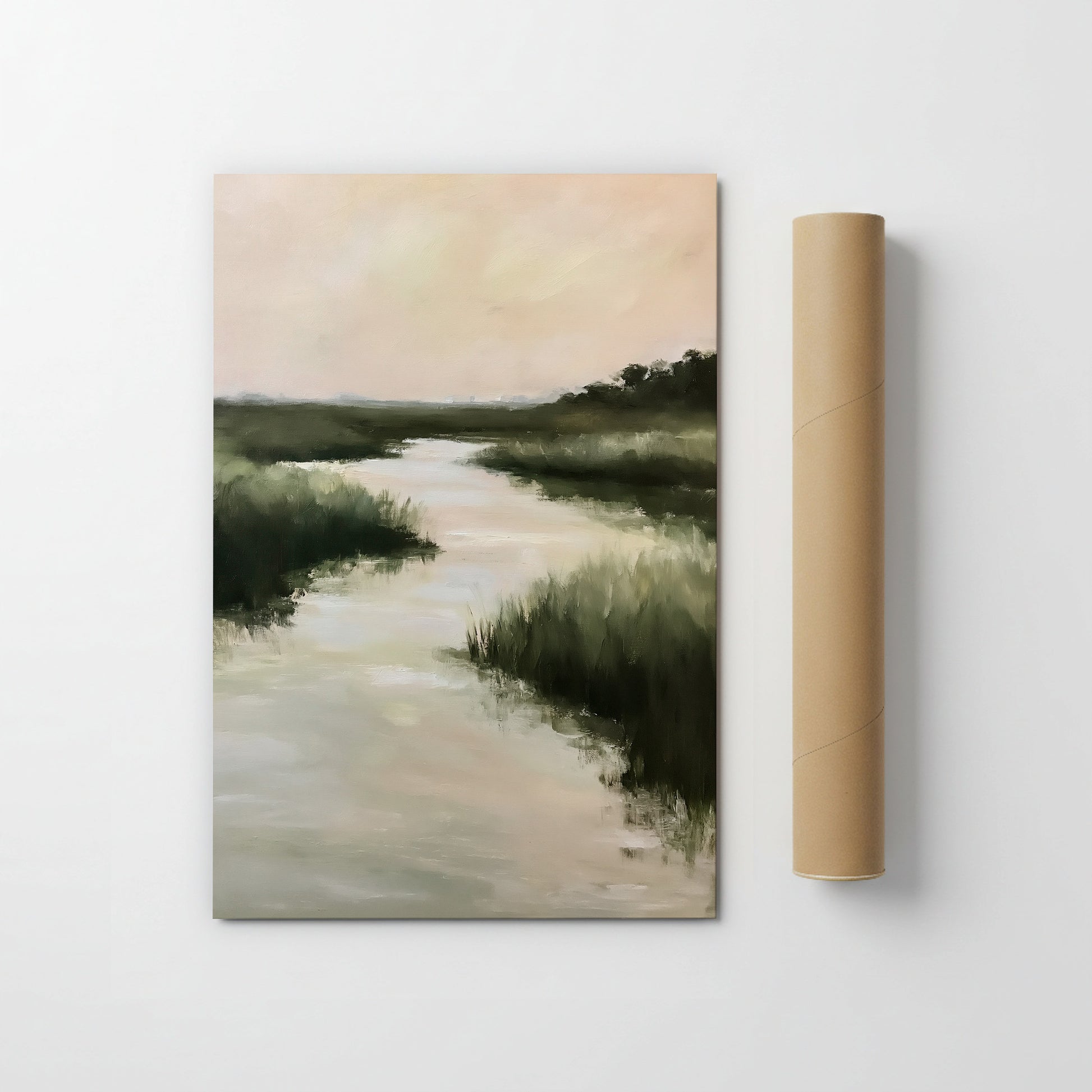 The image is a painting of a river flowing through a lush, green landscape.