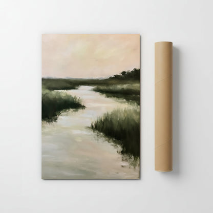 The image is a painting of a river flowing through a lush, green landscape.