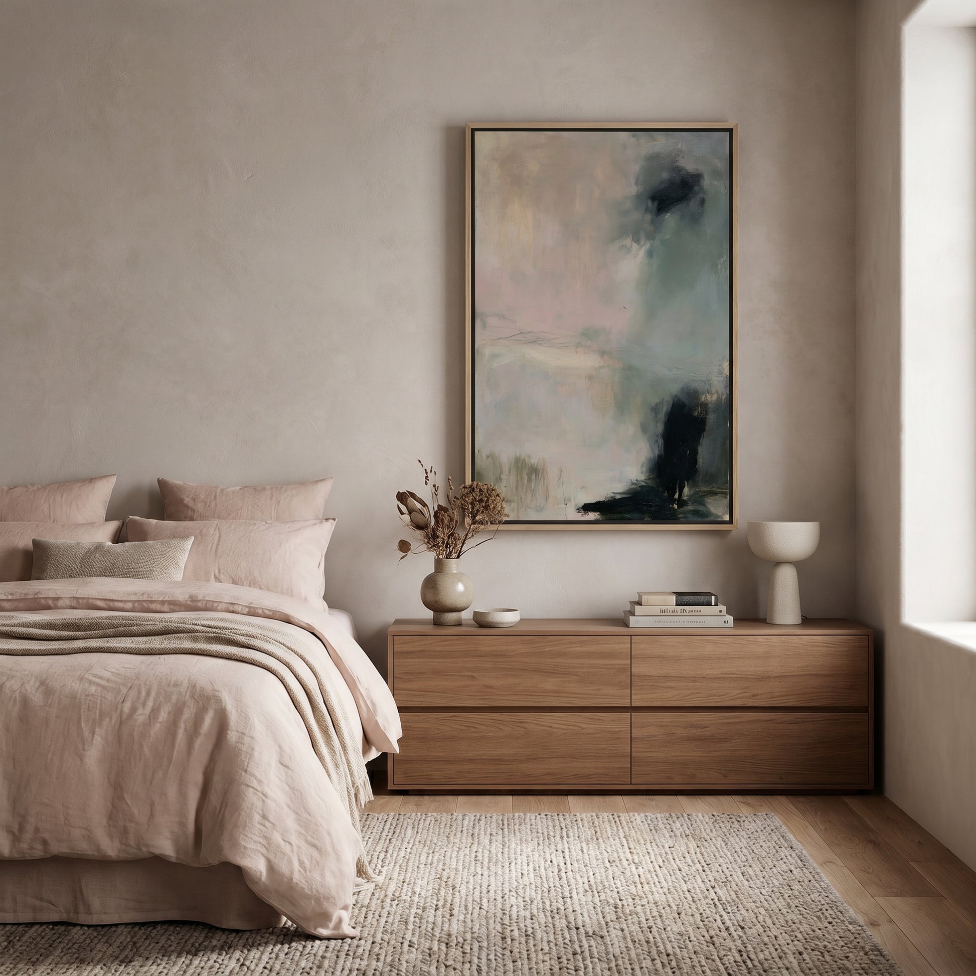 a serene and cozy bedroom with a large bed, a wooden dresser, and a framed abstract painting on the wall.