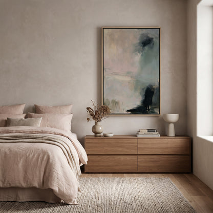 a serene and cozy bedroom with a large bed, a wooden dresser, and a framed abstract painting on the wall.